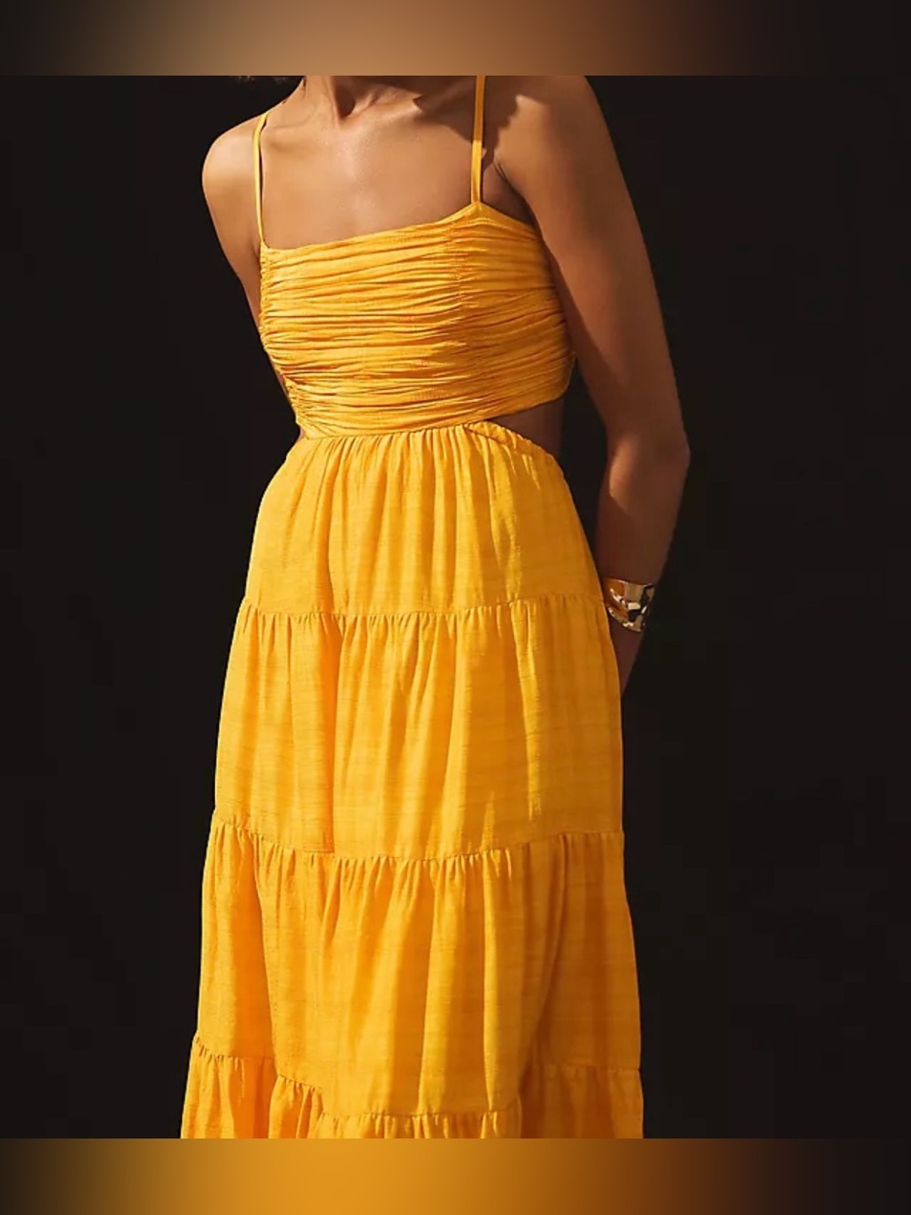 Function & Fringe Edit | Mustard Tiered Maxi Dress with Ruched Bodice - Picture 3 of 8